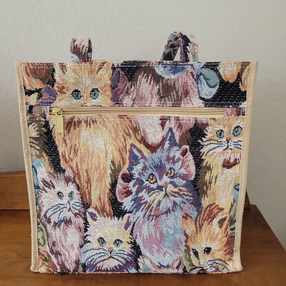 Vintage Jade Kittie Cat Tapestry Tote Bag Purse AOP Cottagecore Grandmacore 90s